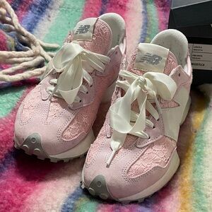 New Balance Pink and White Ribbon Lace Sneakers
